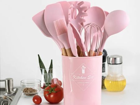 Silicone Utensil Set with Wooden Handle - Pink Supply